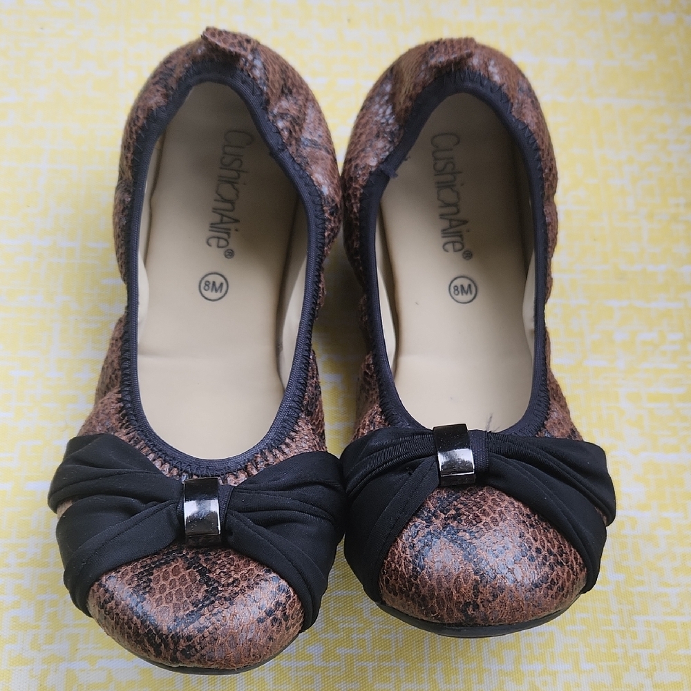 Brown Snake-Print Ballet Flats with Black Bow